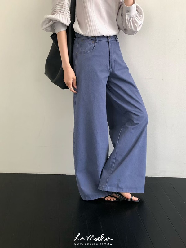 腰雙鈕扣垂墜牛仔寬褲